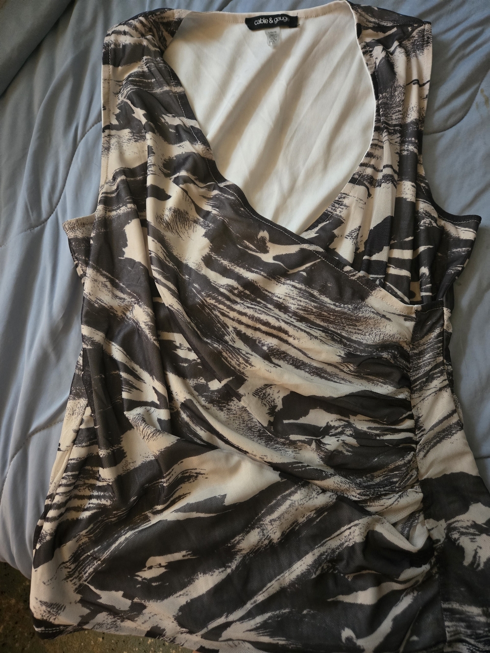 Cable & Gauge Black and Cream Draped Faux-Wrap Sleeveless Top